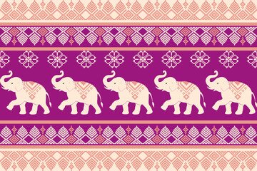 Vector Thai textile pattern with traditional elephant motif in pixel art style, perfect for fabric, wallpaper, or cultural design projects.