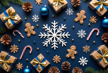 Festive Christmas flat lay with gingerbread cookies, wrapped gifts, candy canes, snowflakes, and pine cones on a dark blue background.