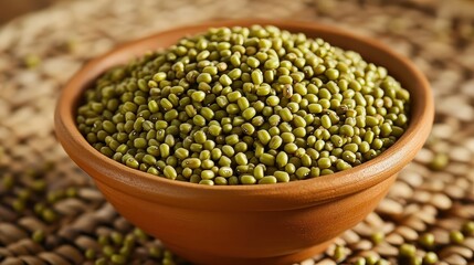 Obraz premium Fresh Green Mung Beans in Decorative Clay Bowl on Natural Background
