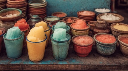 Naklejka premium Colorful Salt Bowls in a Moroccan Market