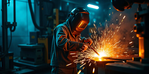 Close-up of industrial welder at work creating bright electric sparks while fusing metal in a modern fabrication workshop with protective gear, cinematic lighting, and intense manual precision