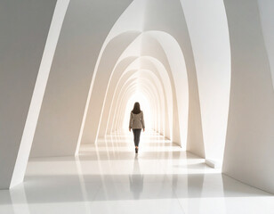 A woman walks away down a luminous white hallway defined by a series of elegant arches. The scene evokes a sense of journey, modern architecture, and a bright future. Ideal for themes of progress, sol