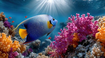 Obraz premium Vibrant underwater scene featu a colorful tropical fish swimming amid bright coral reefs with sunlight filte through clear blue water