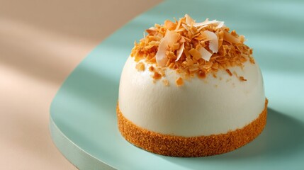 Creamy coconut dessert topped with toasted flakes on a light teal surface in soft lighting