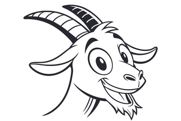 Smiling goat cartoon with large eyes and striking horns exudes simple joy