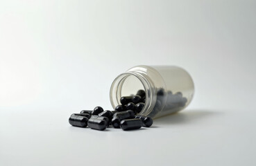 Black activated carbon capsules spill from clear plastic bottle onto white surface. Macro view of medical supplements promoting detoxification, wellness. Health care product for natural remedy,