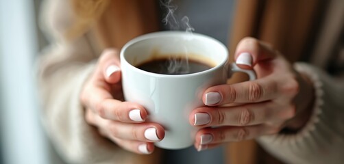 Close-up of woman hands holding white mug filled with steaming hot coffee. Natural light illuminates scene, manicured nails, cozy sweater. Perfect for morning routines, cafe ambiance, relaxation