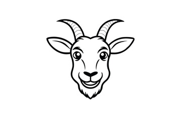 Smiling goat head in line art features curved horns and a white face