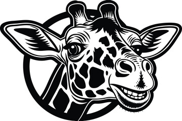 Monochromatic giraffe shows a big smile while its head is framed inside a circle