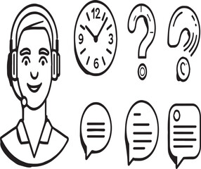 Obraz premium Line art illustration featuring a customer service agent with clock and speech bubbles icons