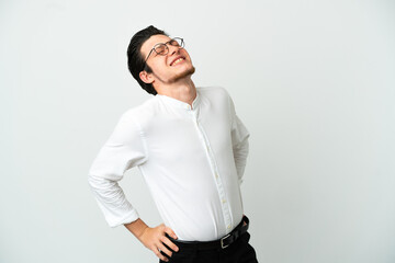 Russian Business man isolated on white background suffering from backache for having made an effort