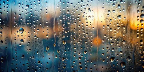 Close-up of water droplets on a foggy glass window with streaks