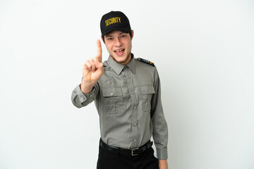 Young Russian security man isolated on white background showing and lifting a finger