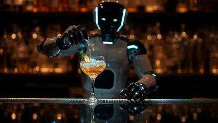 Future AI Bartender Mixing Cocktail at Bar