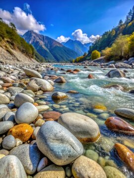 River rocks on the banks of Uhl River in Himalayas