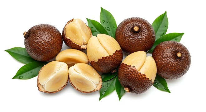 Fresh Aguaje Fruits with Leaves Displayed on a White Background variation 2