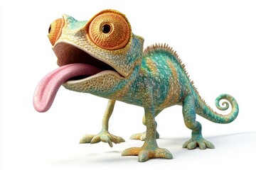 Obraz premium Chameleon eyes moving 3d cartoon character on white background