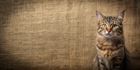 Whiskered feline friend on rustic burlap backdrop