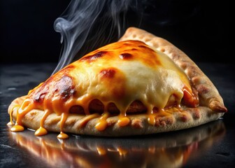 Hot calzone with melted cheese oozing out on a dark glossy surface