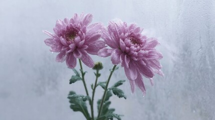 Raindrop-kissed pink chrysanthemums whisper autumn's secrets, embodying tranquility, Chrysanthemum Day reverie, natures delicate poetry in bloom