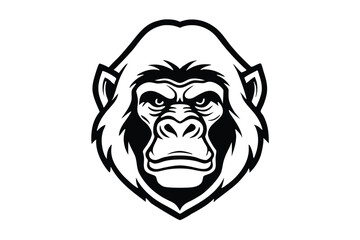 Intimidating gorilla head with furrowed brow gazes intensely forward in bold monochrome style