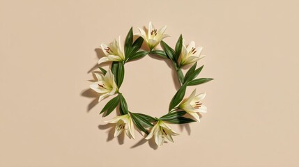 Lush lily wreath echoes renewal in serene ceremonial elegance, evoking Beltane festivities and peaceful wellness retreats
