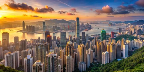 Panoramic view of Hong Kong cityscape at sunset with skyscrapers and mountains
