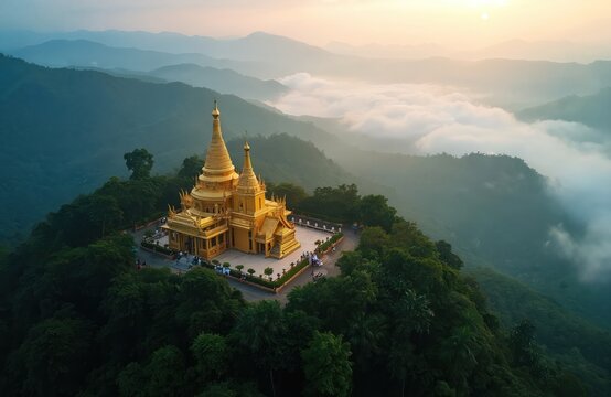Golden Buddhist temple nestled on a mountain peak in morning clouds. Aerial view of Doi Suthep temple, Chiang Mai, Thailand. Serene landscape with mist covered valleys and mountains at sunrise.