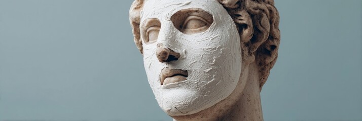 Plaster-clad marble visage, whispers of ancient rejuvenation rituals, enigmatic antiquity, befitting National Scultpure Day, echoes of forgotten festivities