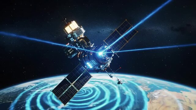 Ultra detailed AI satellite orbiting Earth, scanning the planet surface with blue light beams