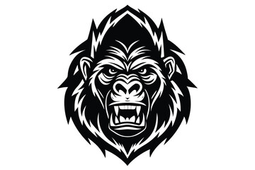 Fierce gorilla head stares forward with a strong and powerful presence dominating the foreground