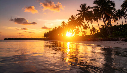 Tropical sunset beach palms ocean.
