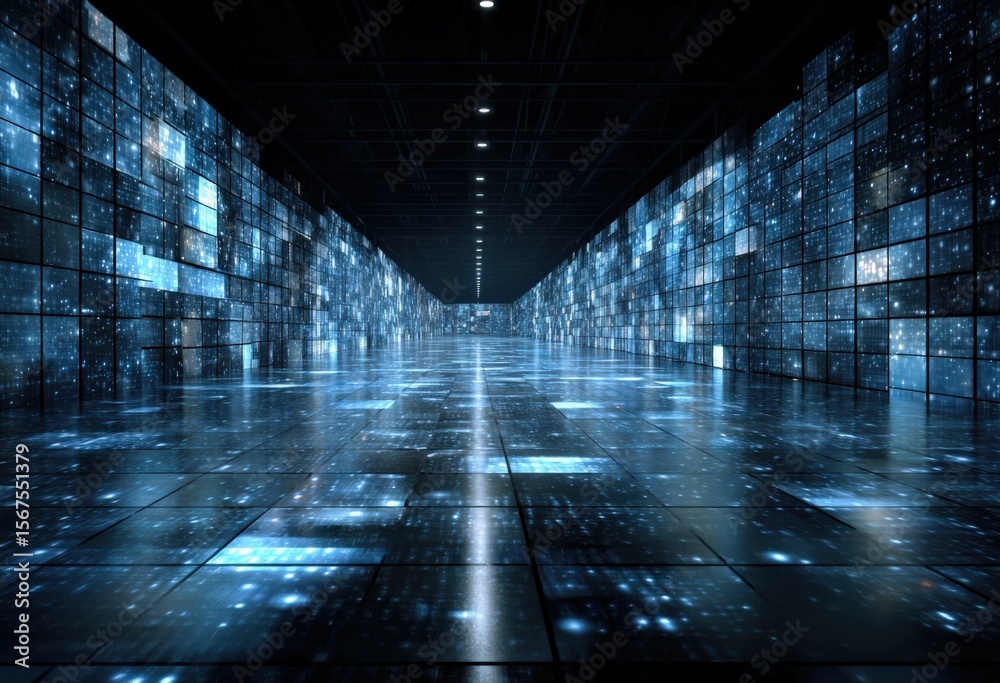 Aufkleber Futuristic Digital Data Tunnel Corridor with High Tech Blue Lighting and Infinite LED Screen Walls for Technology and Data Visualization Concepts