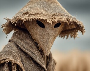 Scarecrow in a wheat field, straw hat made of burlap and old stuff, fantasy style, horror atmosphere, high resolution photography, surrealism, soft colors, ultra details, high quality, shallow depth o