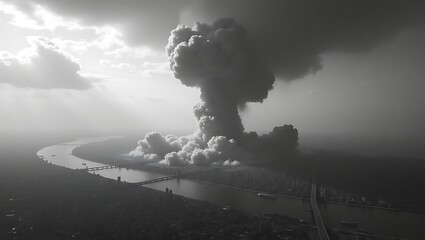 Massive mushroom cloud explosion over a city and river with dramatic lighting