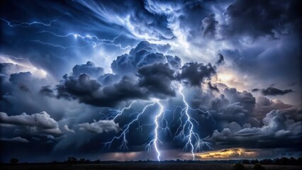 Dark stormy night sky with towering clouds and lightning