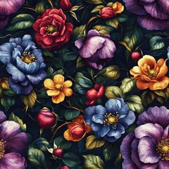 Floral pattern, dark background, roses, peonies.  Wallpaper