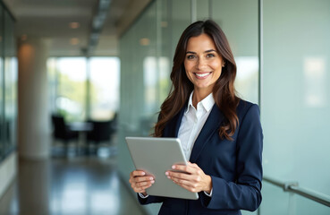 Young Hispanic businesswoman smiling, holding tablet in modern office. Confident pro woman executive leader, corporate manager with copy space. Success, technology, finance, career opportunity.