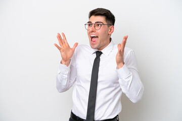 Business caucasian man isolated on white background with surprise facial expression