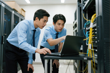 Two IT Professionals Working on Laptop in Server Room