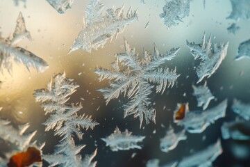 Delicate frost crystals form unique designs on a windowpane, capturing the essence of a chilly winter morning. The intricate patterns showcase natures artistry in frost