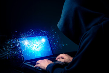 AI and cybercrime, threat digital. Hacker accessing artificial intelligence system, malware. Man...