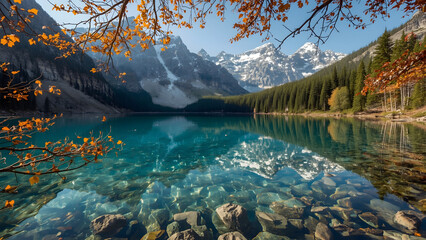 Moraine Lake Autumn Reflection, Banff National Park Lake, Turquoise Lake and Mountains