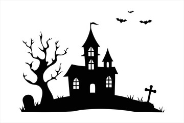 Spooky Halloween Graveyard Scene Silhouette - Bare Tree & Tombstones Vector