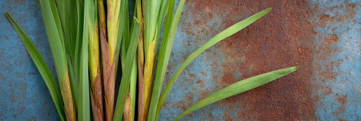 Rustic green leaves lean against a textured rust patina, evoking earthy vibes for Harvest Festival and Earth Day