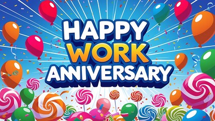Happy work anniversary celebration with balloons confetti and swirl lollipops