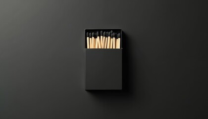 Naklejka premium Minimalist top view of open black matchbox filled with wooden matches. Set against dark grey background, studio shot industrial design, perfect for branding, advertising, as design element.