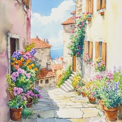 Fototapeta premium Italian village alleyway, flowers, sea view, sunny day, painting