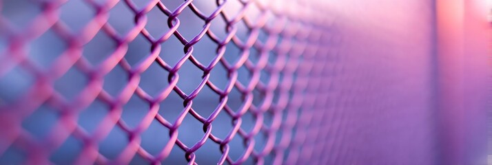Purple-hued chain-link fence casting shadows, symbolizing barriers and gateways, evocative of Surrealism Day and World Purple Day