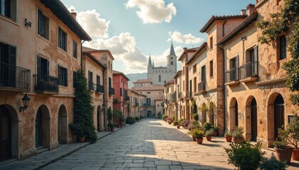 Fototapeta premium A sun-drenched street lined with historic buildings.